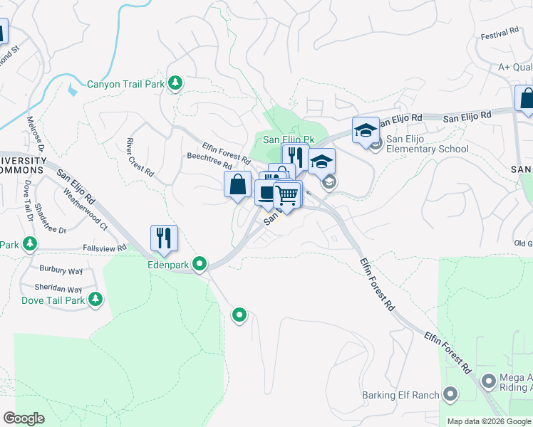 map of restaurants, bars, coffee shops, grocery stores, and more near 1213 Baker Street in San Marcos