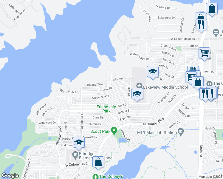 map of restaurants, bars, coffee shops, grocery stores, and more near 4209 Driscoll Drive in The Colony