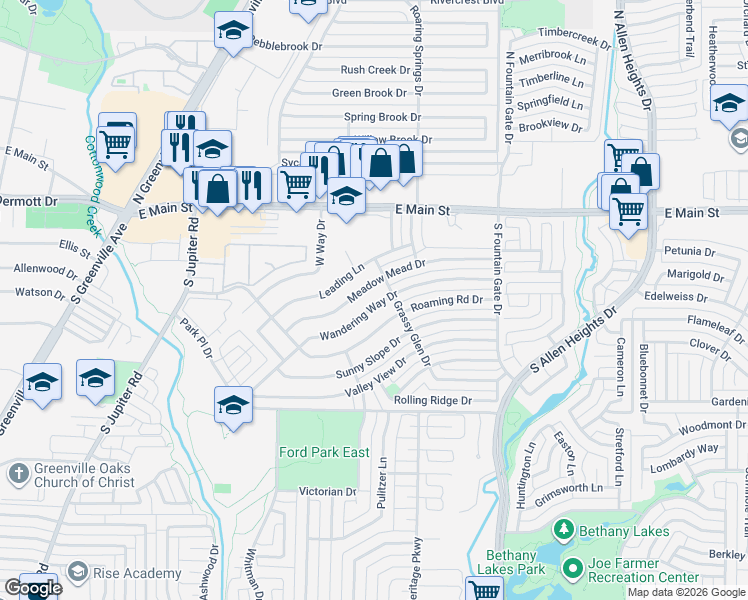map of restaurants, bars, coffee shops, grocery stores, and more near 745 Wandering Way Drive in Allen