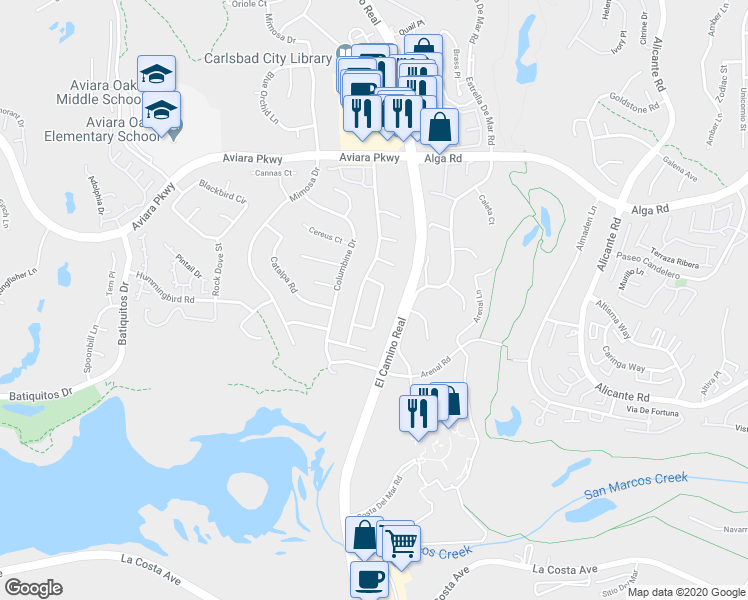 map of restaurants, bars, coffee shops, grocery stores, and more near 7206 Manzanita Street in Carlsbad