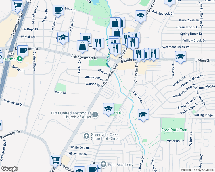 map of restaurants, bars, coffee shops, grocery stores, and more near 515 Toorpu Circle in Allen