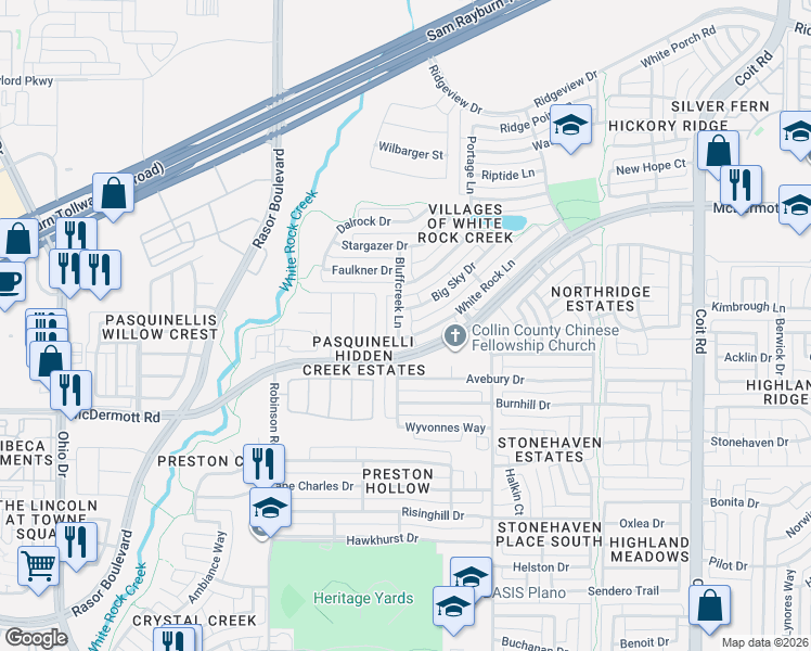 map of restaurants, bars, coffee shops, grocery stores, and more near 8720 Bluffcreek Lane in Plano