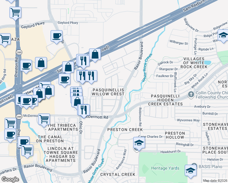 map of restaurants, bars, coffee shops, grocery stores, and more near 8716 Isaac Street in Plano
