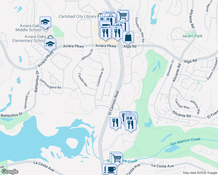 map of restaurants, bars, coffee shops, grocery stores, and more near 7206 Manzanita Street in Carlsbad