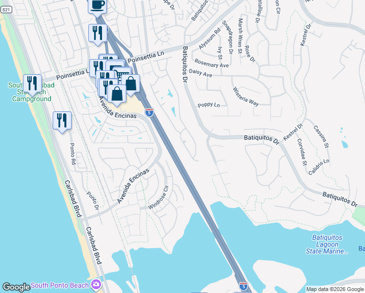 map of restaurants, bars, coffee shops, grocery stores, and more near 7313 Linden Terrace in Carlsbad
