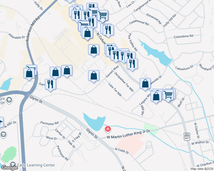map of restaurants, bars, coffee shops, grocery stores, and more near 103B Lata Terrace Northwest in Milledgeville