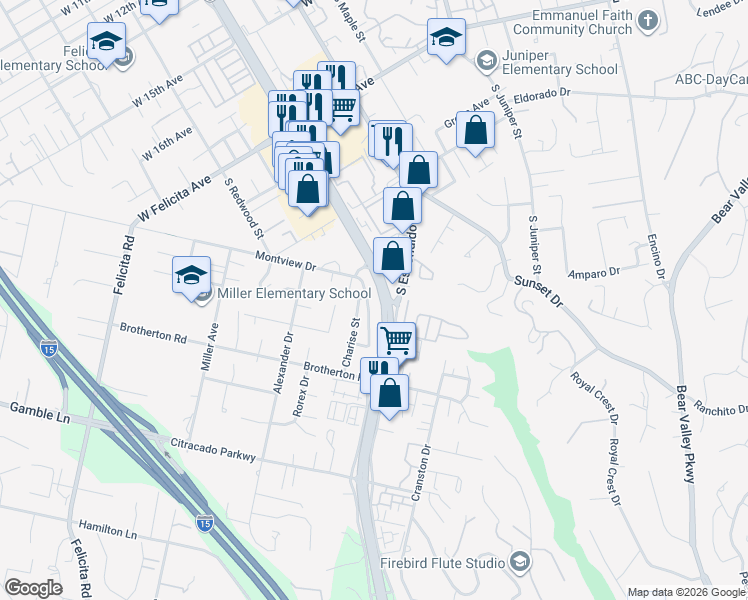 map of restaurants, bars, coffee shops, grocery stores, and more near 2132 Darby Street in Escondido