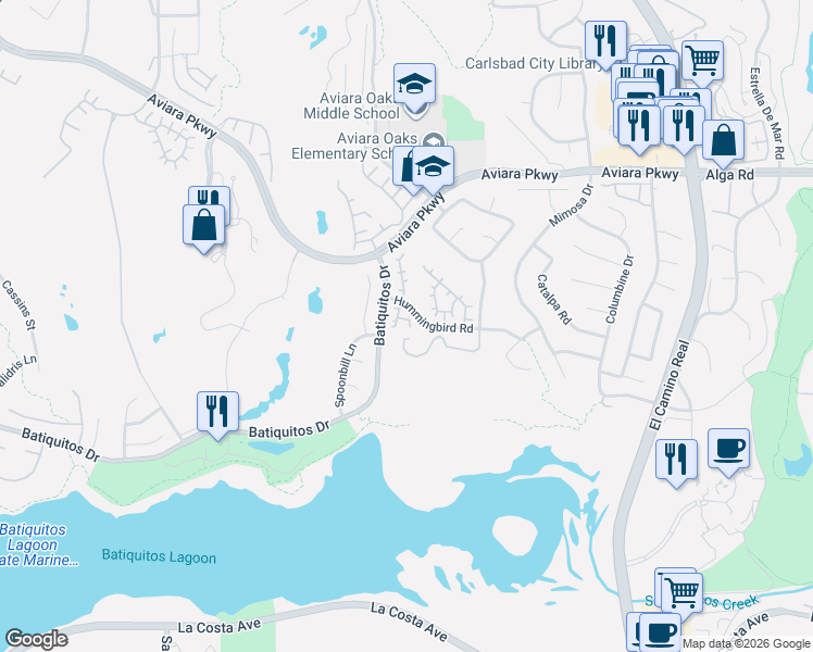 map of restaurants, bars, coffee shops, grocery stores, and more near 7180 Tanager Drive in Carlsbad