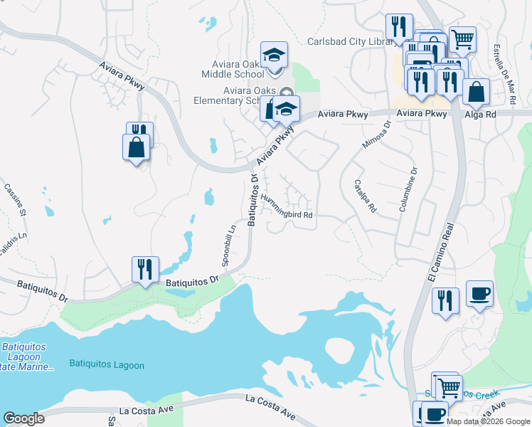 map of restaurants, bars, coffee shops, grocery stores, and more near 7180 Tanager Drive in Carlsbad