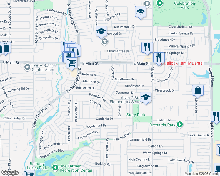 map of restaurants, bars, coffee shops, grocery stores, and more near 302 Periwinkle Drive in Allen