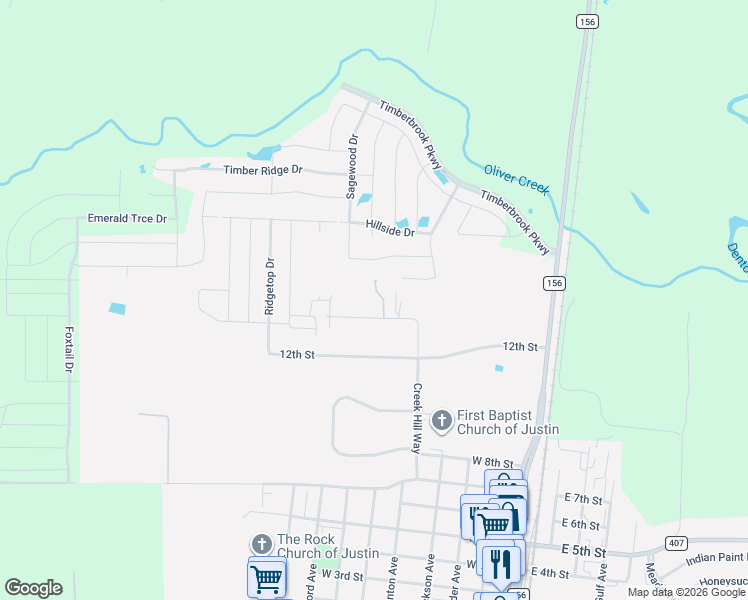 map of restaurants, bars, coffee shops, grocery stores, and more near 518 Creek Hill Way in Justin