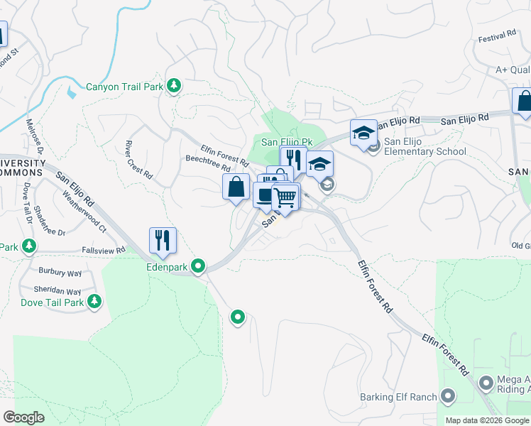 map of restaurants, bars, coffee shops, grocery stores, and more near 1213 Baker Street in San Marcos