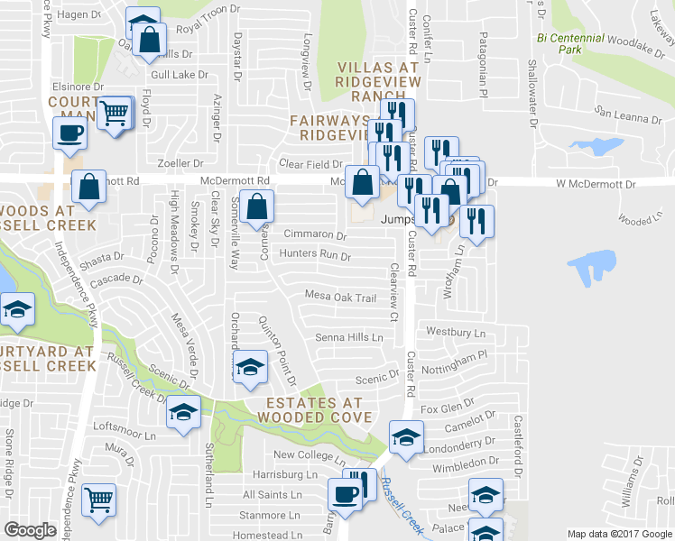 map of restaurants, bars, coffee shops, grocery stores, and more near 2328 Hunters Run Drive in Plano