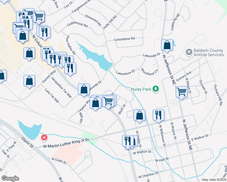 map of restaurants, bars, coffee shops, grocery stores, and more near 451 Forest Road in Milledgeville