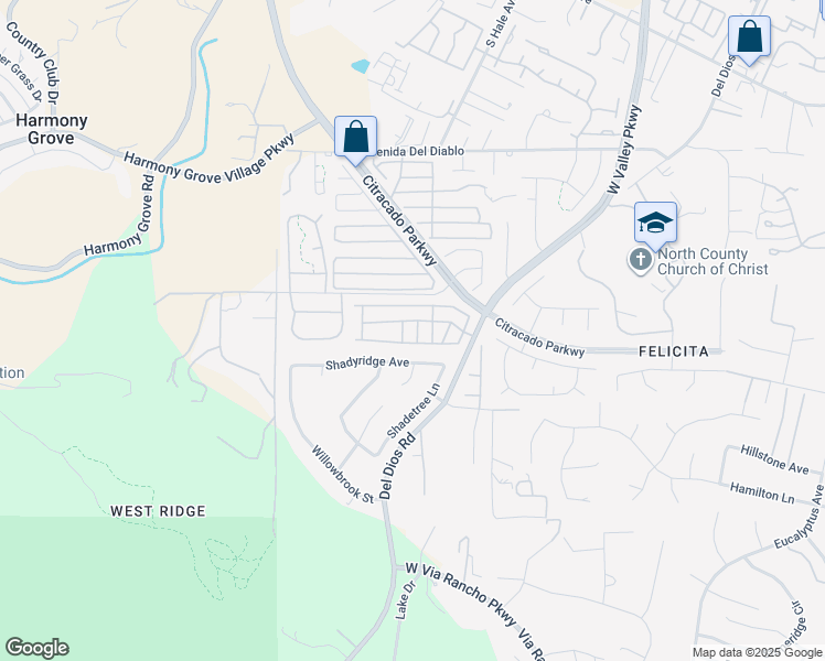 map of restaurants, bars, coffee shops, grocery stores, and more near 2400 West Valley Parkway in Escondido