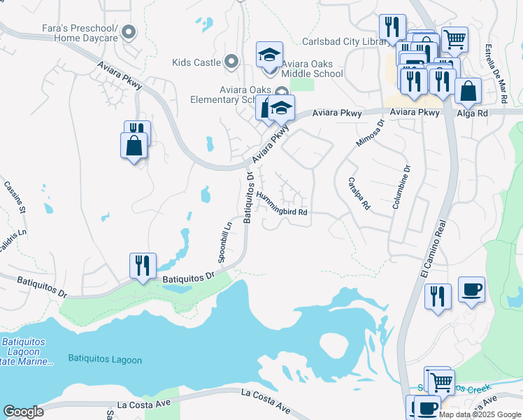 map of restaurants, bars, coffee shops, grocery stores, and more near 7204 Tanager Drive in Carlsbad