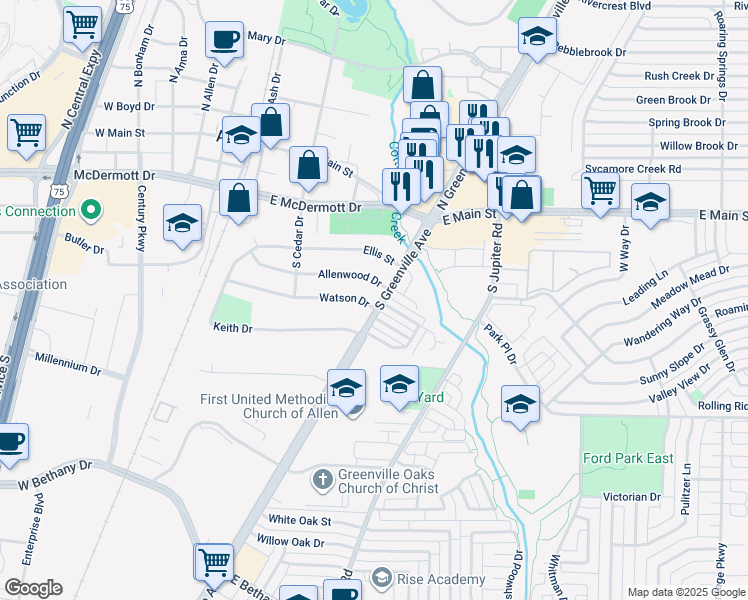 map of restaurants, bars, coffee shops, grocery stores, and more near 413 Watson Drive in Allen