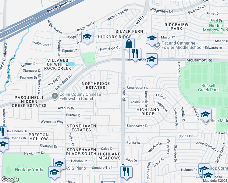 map of restaurants, bars, coffee shops, grocery stores, and more near 8721 Country Glen Crossing in Plano
