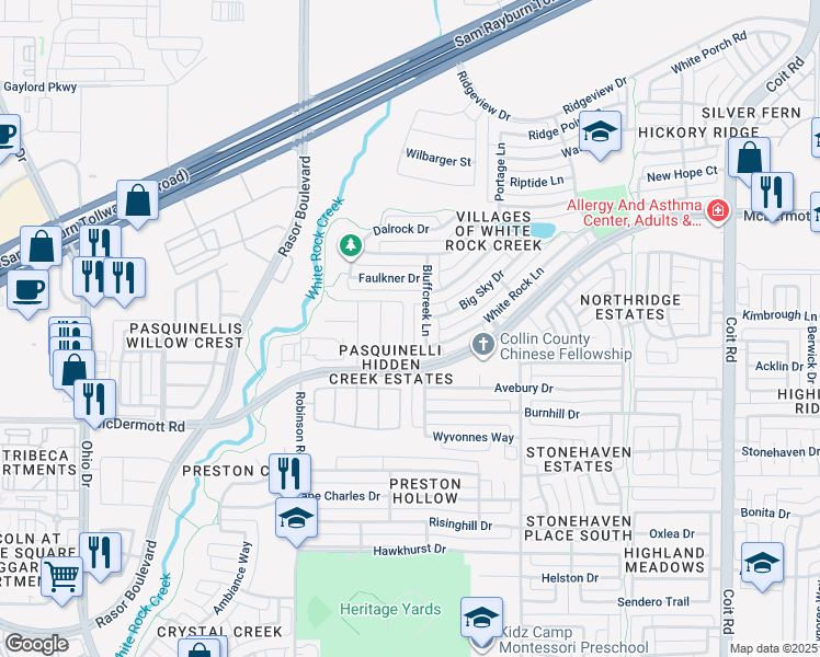 map of restaurants, bars, coffee shops, grocery stores, and more near 8735 Manhattan Avenue in Plano