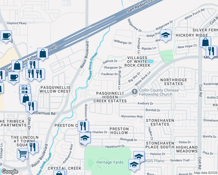 map of restaurants, bars, coffee shops, grocery stores, and more near 8735 Manhattan Avenue in Plano