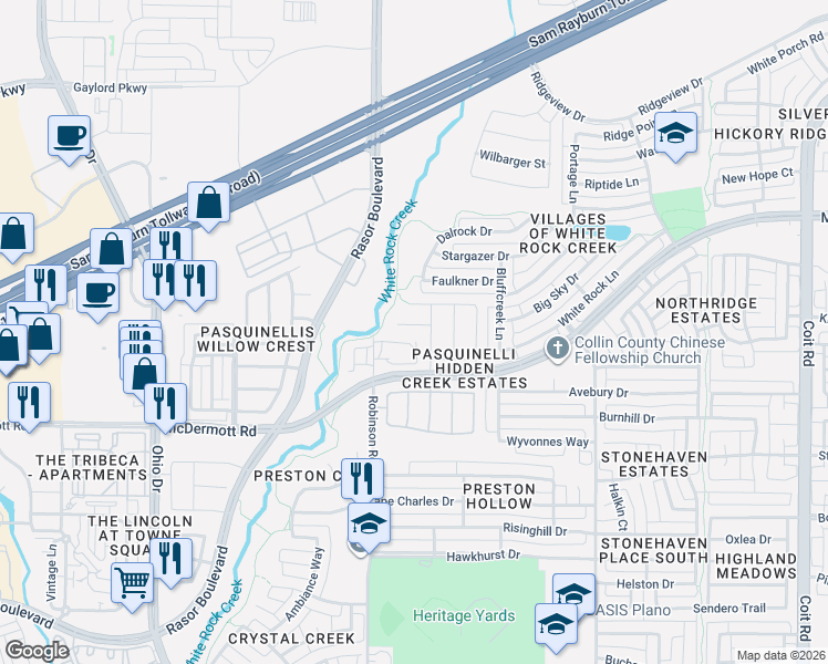 map of restaurants, bars, coffee shops, grocery stores, and more near Perthshire Court in Plano