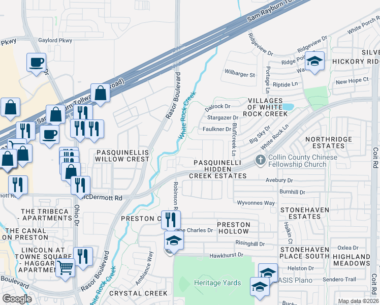 map of restaurants, bars, coffee shops, grocery stores, and more near 4674 Perthshire Court in Plano
