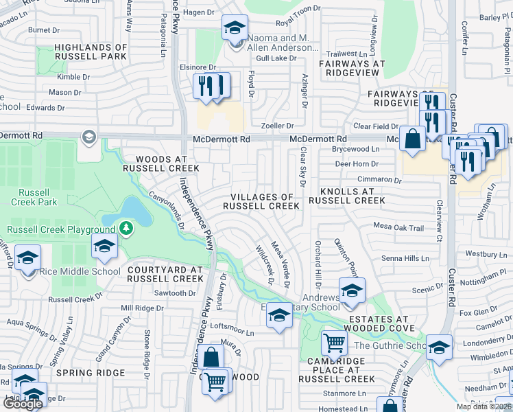 map of restaurants, bars, coffee shops, grocery stores, and more near 8708 Pocono Drive in Plano