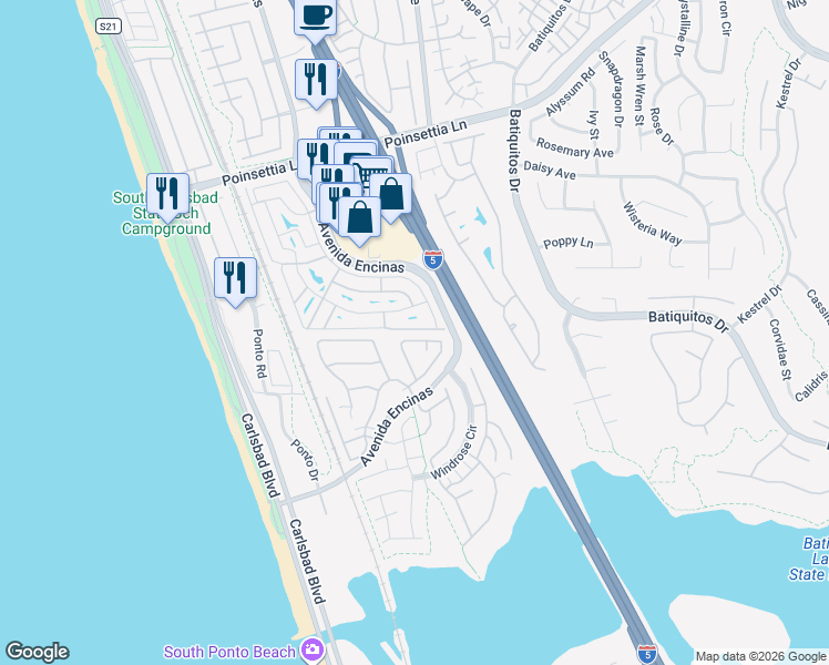 map of restaurants, bars, coffee shops, grocery stores, and more near 7315 San Luis Street in Carlsbad