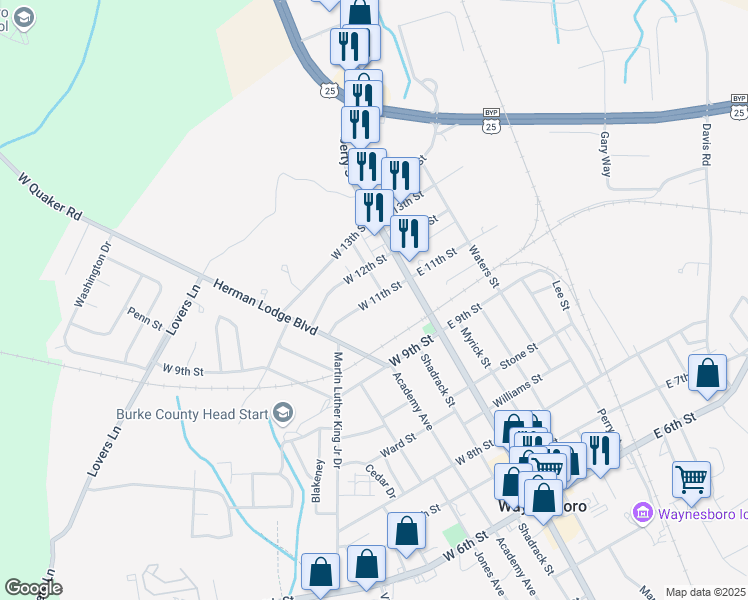 map of restaurants, bars, coffee shops, grocery stores, and more near 313 West 11th Street in Waynesboro