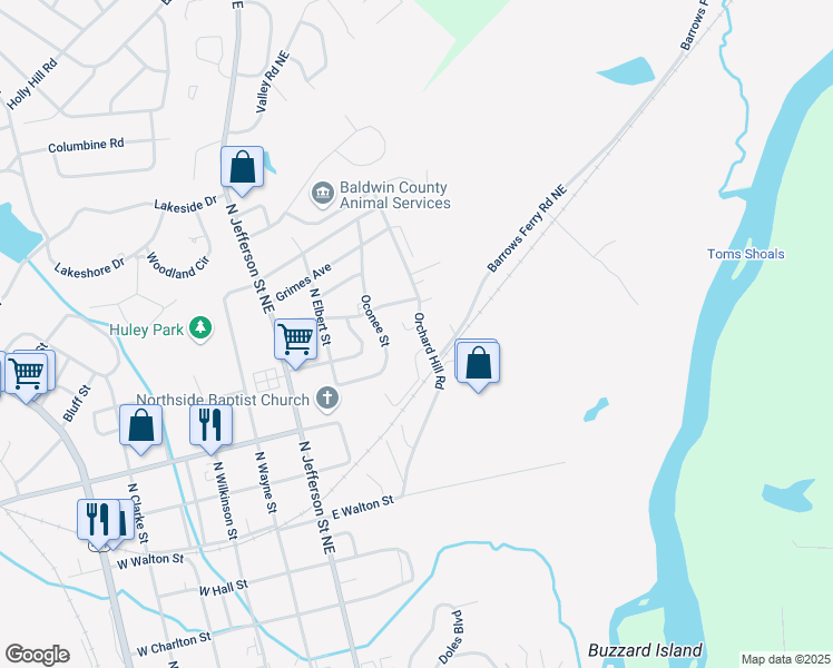 map of restaurants, bars, coffee shops, grocery stores, and more near 1140 Orchard Hill Road in Milledgeville