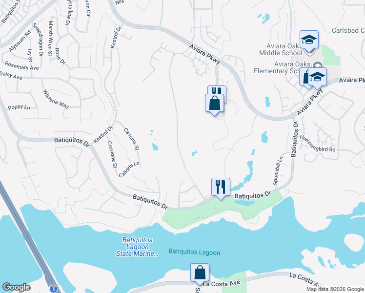 map of restaurants, bars, coffee shops, grocery stores, and more near 7206 Aviara Drive in Carlsbad