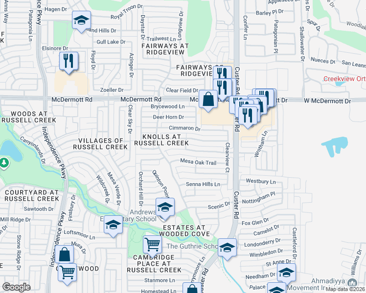 map of restaurants, bars, coffee shops, grocery stores, and more near 2421 Ravenhurst Drive in Plano