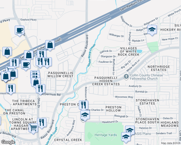 map of restaurants, bars, coffee shops, grocery stores, and more near 4674 Perthshire Court in Plano