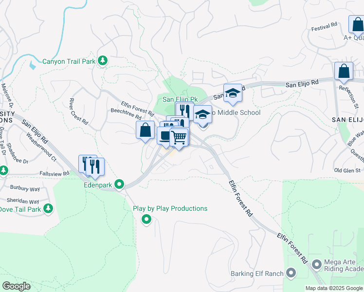 map of restaurants, bars, coffee shops, grocery stores, and more near 1247 Elfin Forest Road East in San Marcos