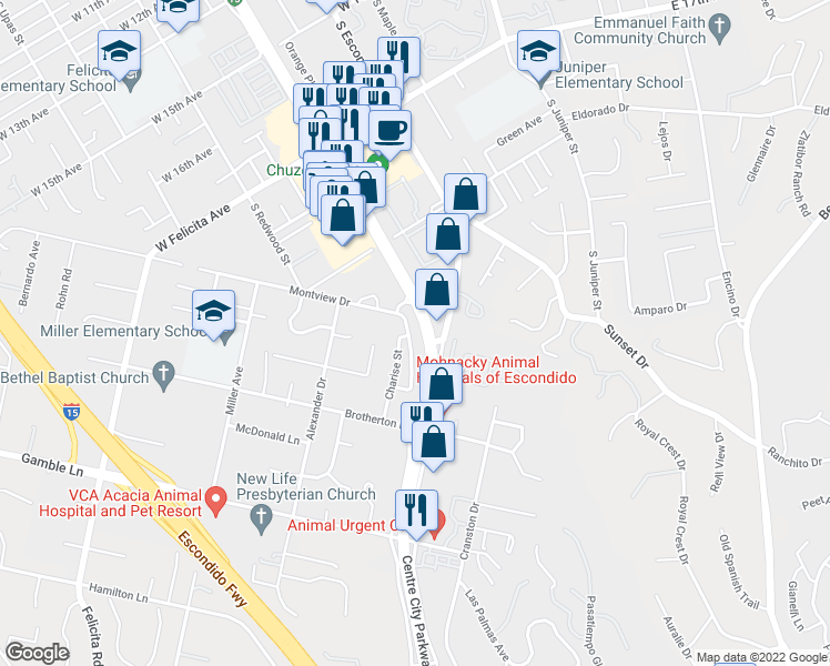 map of restaurants, bars, coffee shops, grocery stores, and more near 2132 Darby Street in Escondido