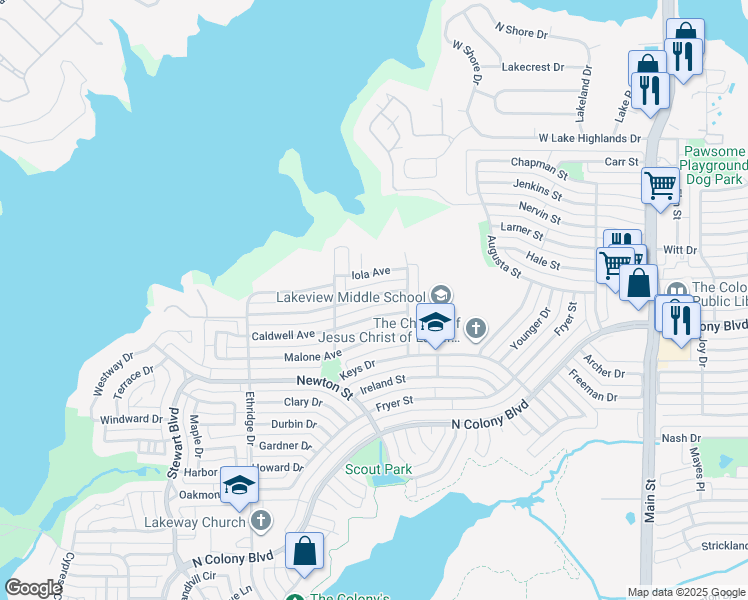 map of restaurants, bars, coffee shops, grocery stores, and more near 4233 Driscoll Drive in The Colony