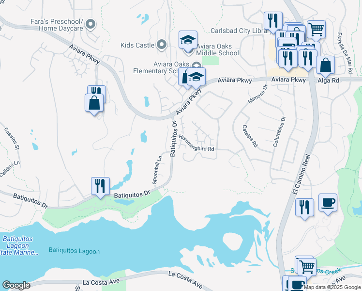 map of restaurants, bars, coffee shops, grocery stores, and more near 7204 Tanager Drive in Carlsbad