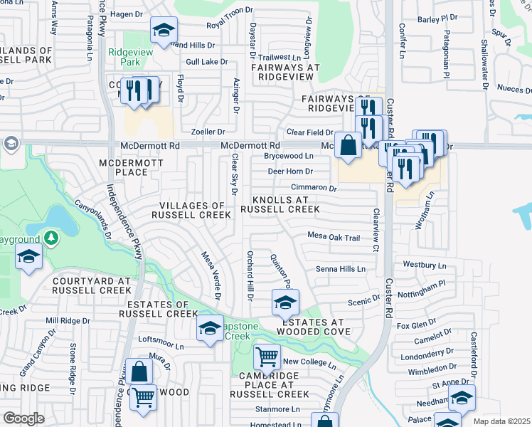 map of restaurants, bars, coffee shops, grocery stores, and more near 2505 Allegro Lane in Plano