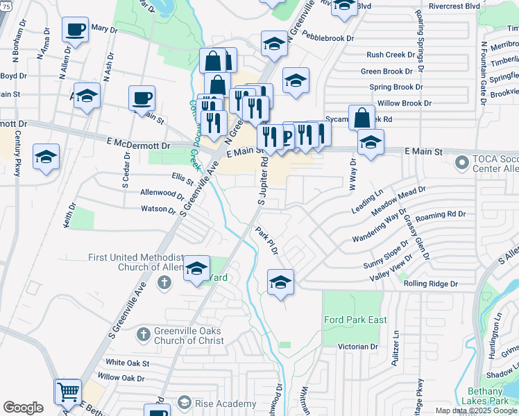 map of restaurants, bars, coffee shops, grocery stores, and more near 238 South Jupiter Road in Allen