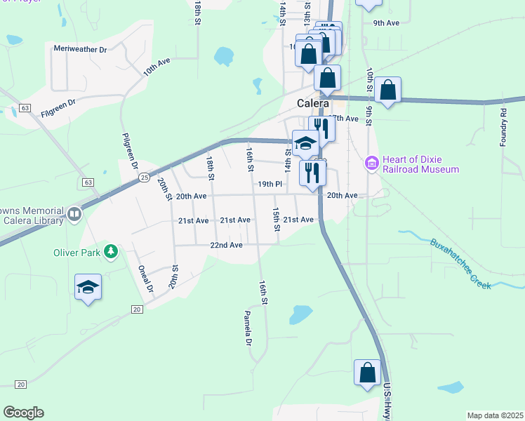 map of restaurants, bars, coffee shops, grocery stores, and more near 2051 16th Street in Calera