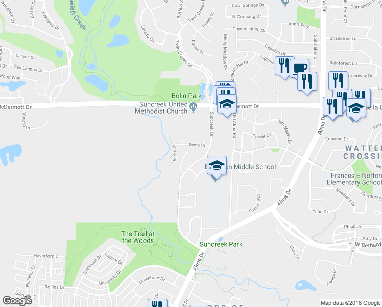 map of restaurants, bars, coffee shops, grocery stores, and more near 309 Anderson Court in Allen