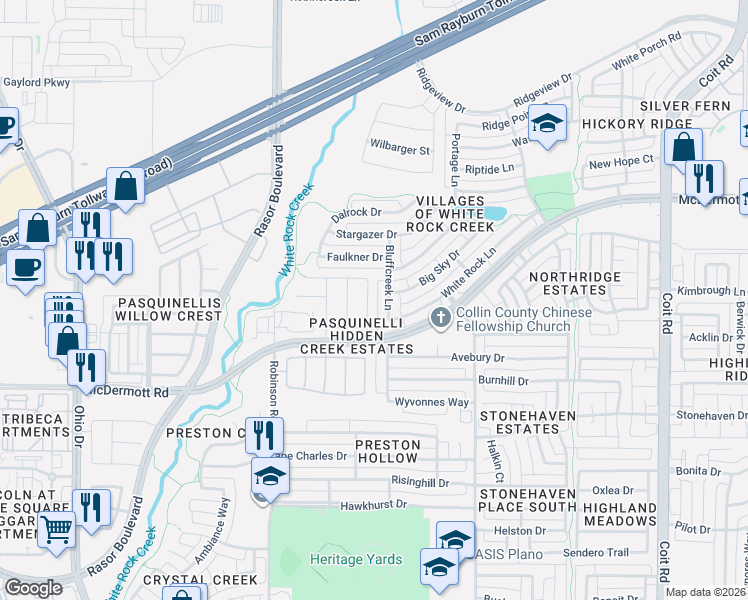 map of restaurants, bars, coffee shops, grocery stores, and more near 8735 Manhattan Avenue in Plano
