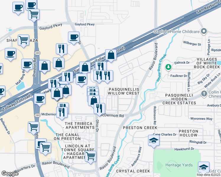 map of restaurants, bars, coffee shops, grocery stores, and more near 4691 Edith Street in Plano