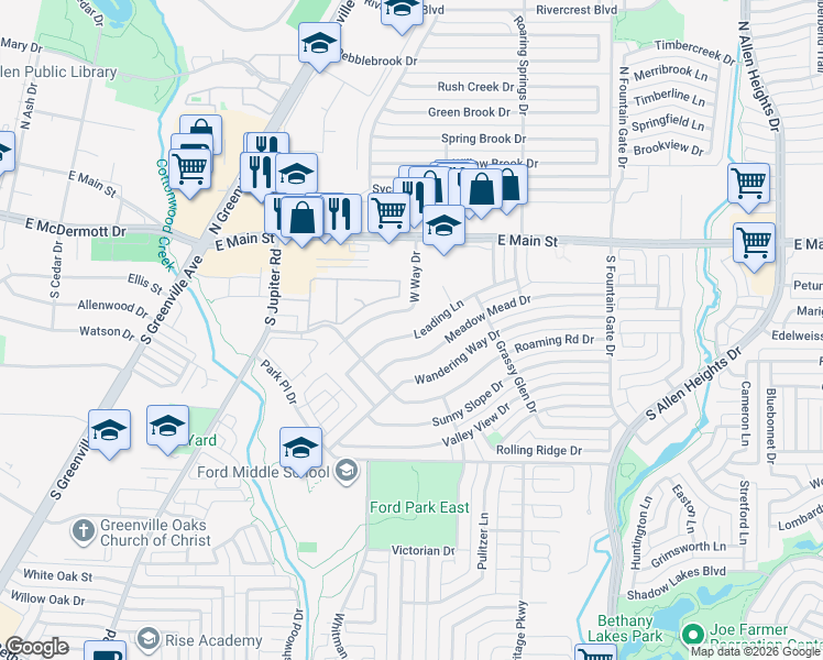 map of restaurants, bars, coffee shops, grocery stores, and more near 723 Leading Lane Drive in Allen