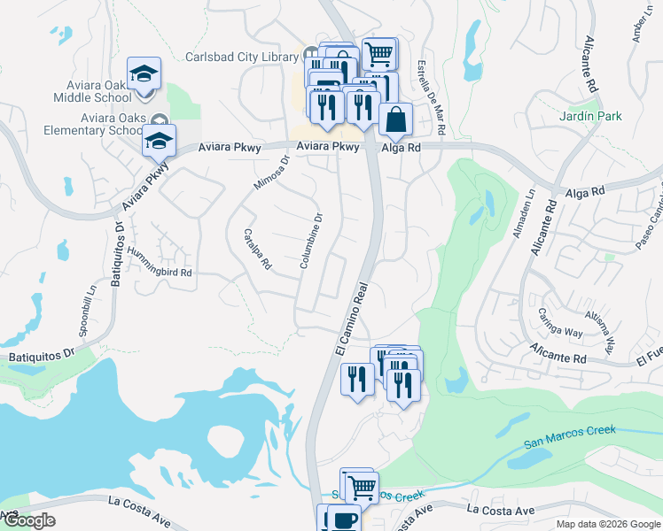 map of restaurants, bars, coffee shops, grocery stores, and more near 7206 Manzanita Street in Carlsbad
