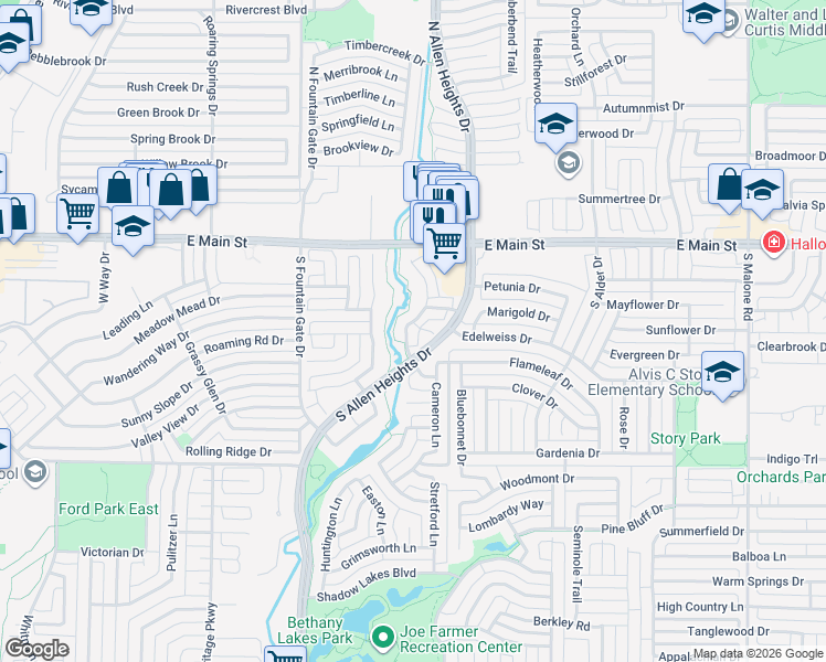 map of restaurants, bars, coffee shops, grocery stores, and more near 301 Bardwell Drive in Allen