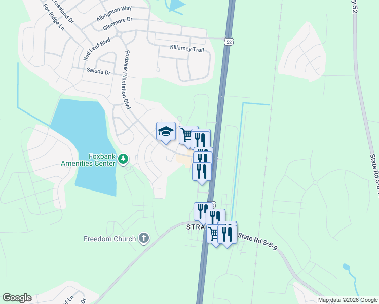 map of restaurants, bars, coffee shops, grocery stores, and more near 119 Foxbank Plantation Boulevard in Moncks Corner