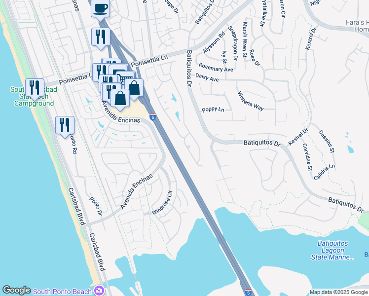map of restaurants, bars, coffee shops, grocery stores, and more near 7319 Linden Terrace in Carlsbad