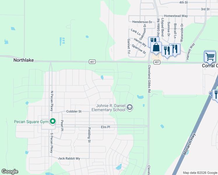 map of restaurants, bars, coffee shops, grocery stores, and more near 1400 Farm to Market Road 407 in Northlake