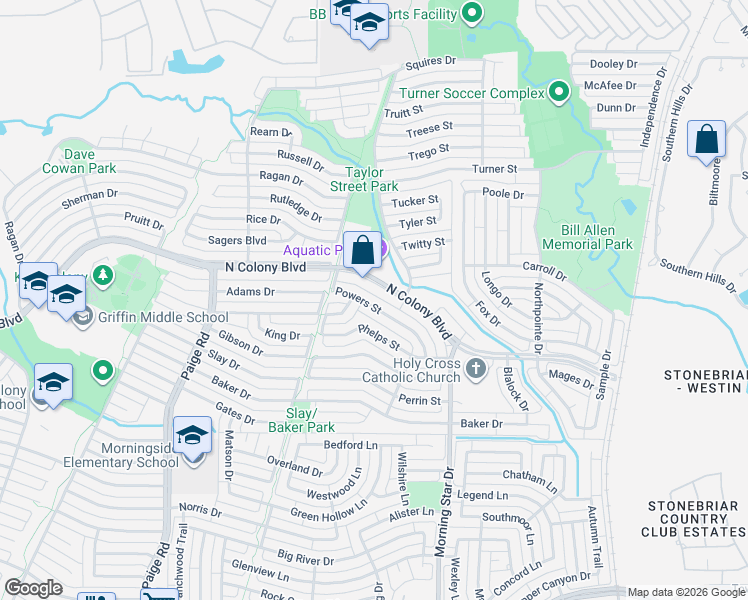 map of restaurants, bars, coffee shops, grocery stores, and more near 5629 Powers Street in The Colony